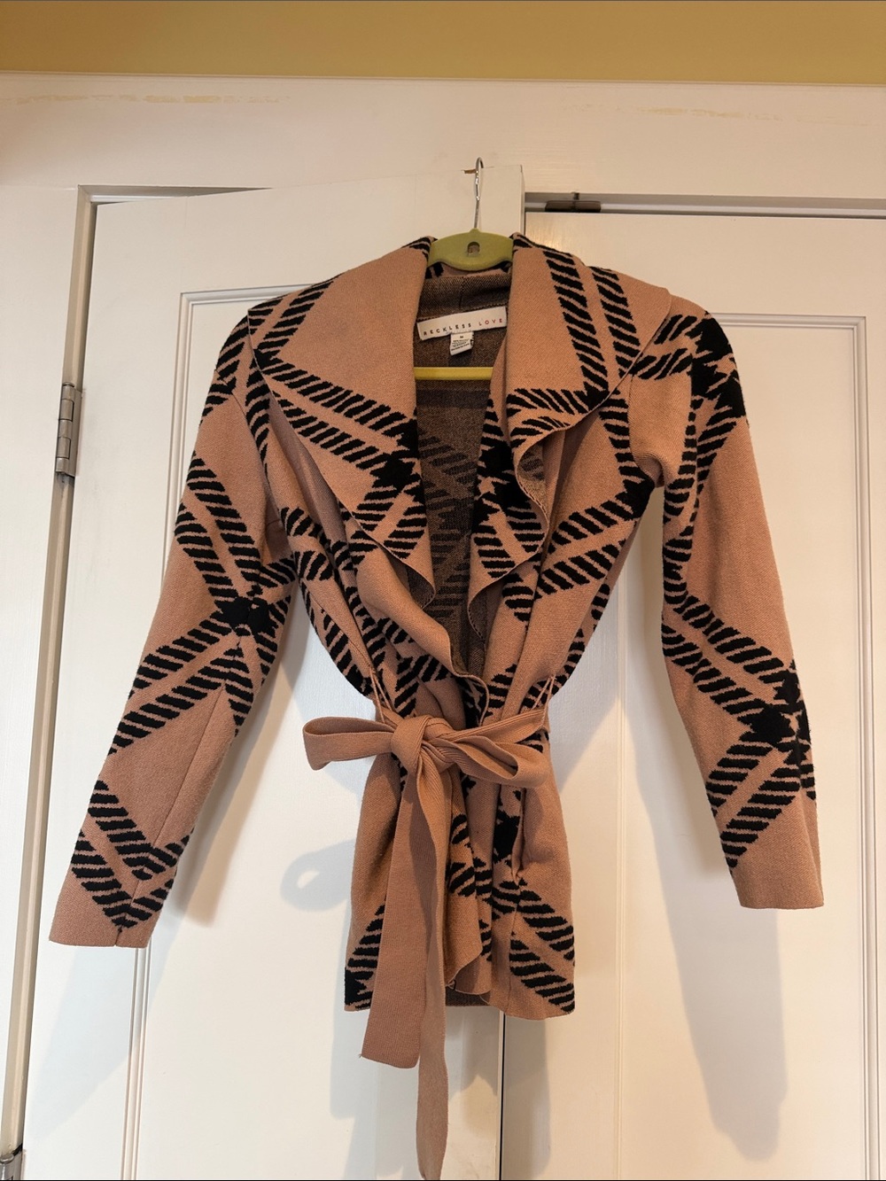 Geometric Tie-Waist Sweater in Taupe & Black